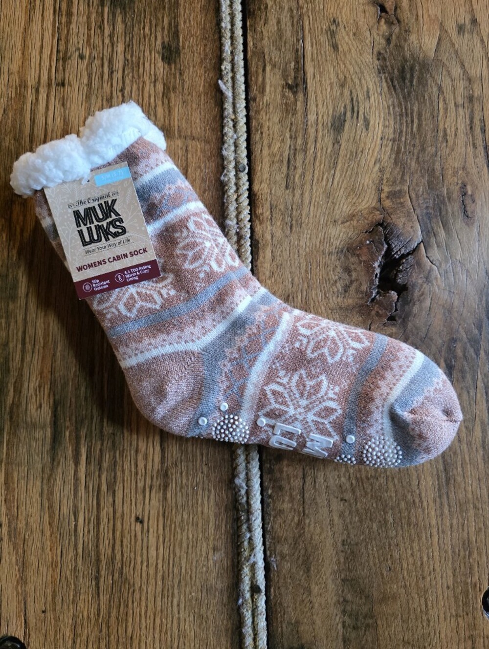 Muk Luks Women's Cabin Sock - Rose Pink Cream & Gray Nordic Design Small